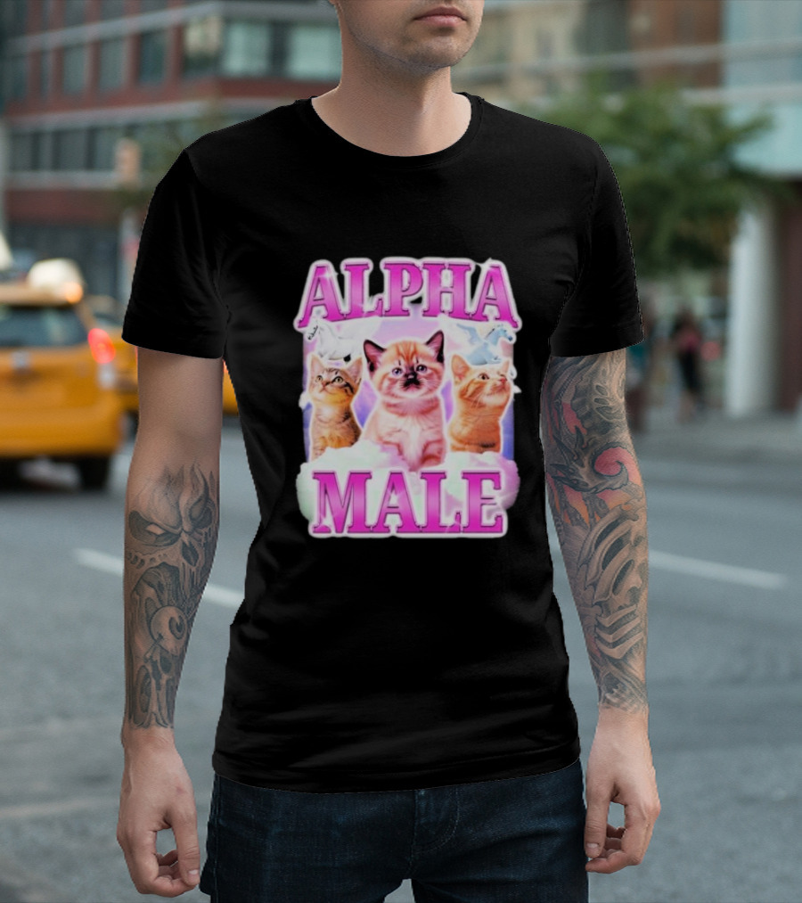 Alpha Male Cat Trio With Rainbow Unicorns And Clouds T-Shirt