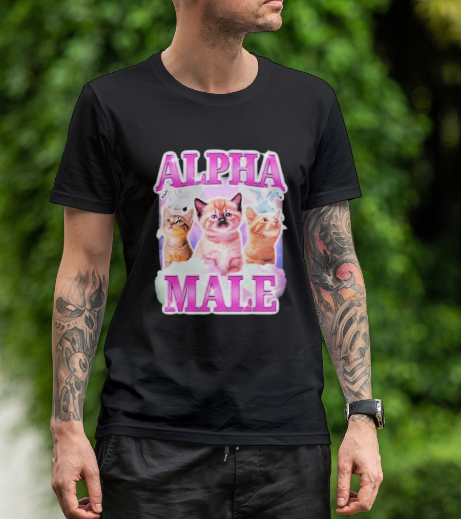Alpha Male Cat Trio With Rainbow Unicorns And Clouds T-Shirt