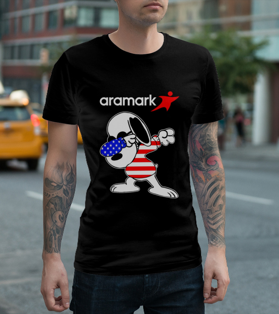 Aramark Snoopy Dabbing American Flag Red White Blue Character T-Shirt