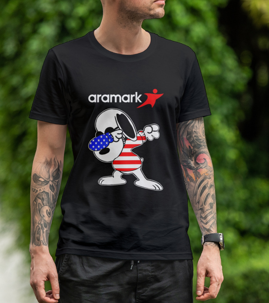 Aramark Snoopy Dabbing American Flag Red White Blue Character T-Shirt