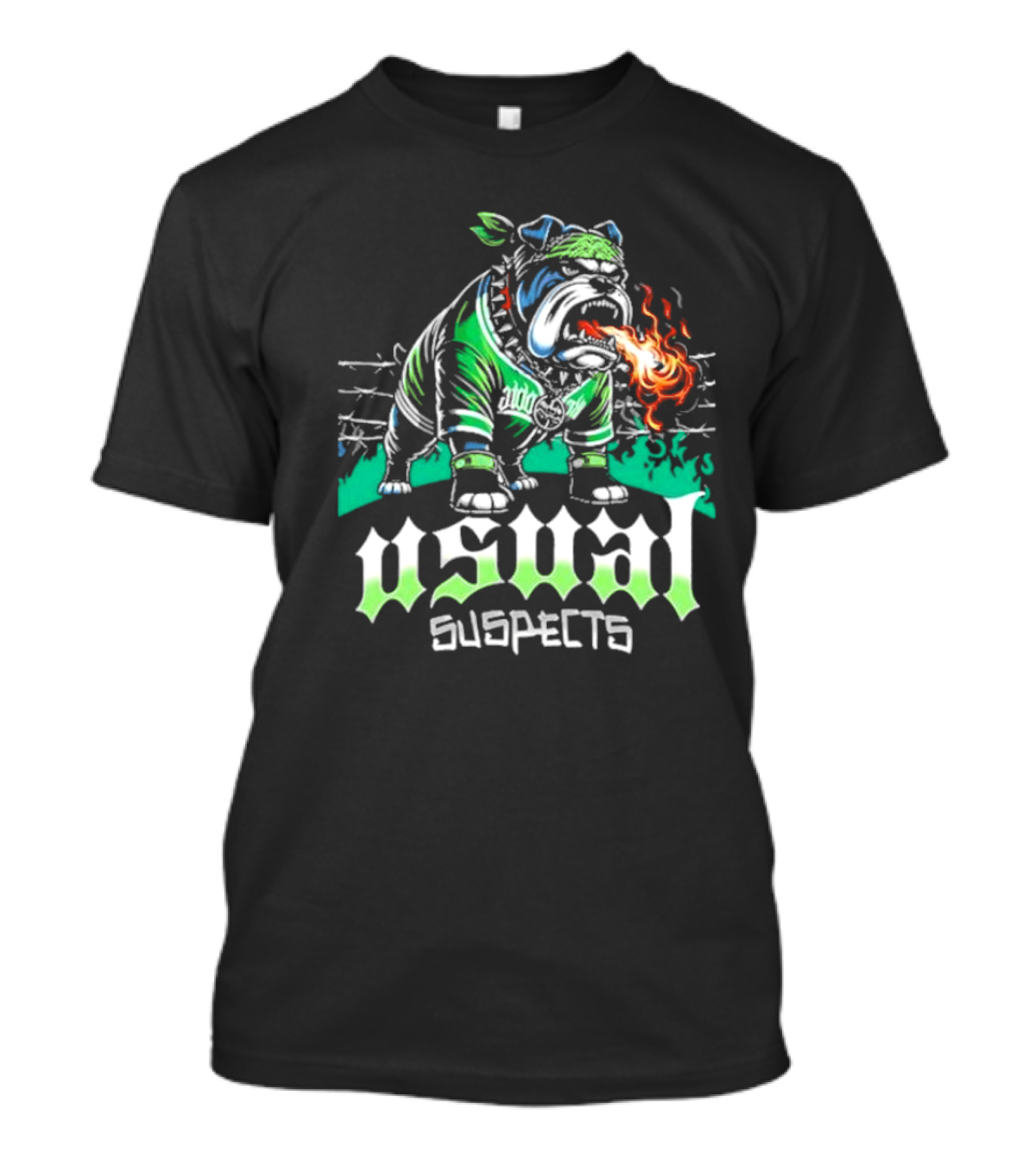 Usual Suspects Bulldog With Fiery Breath And Green Bandana T-Shirt