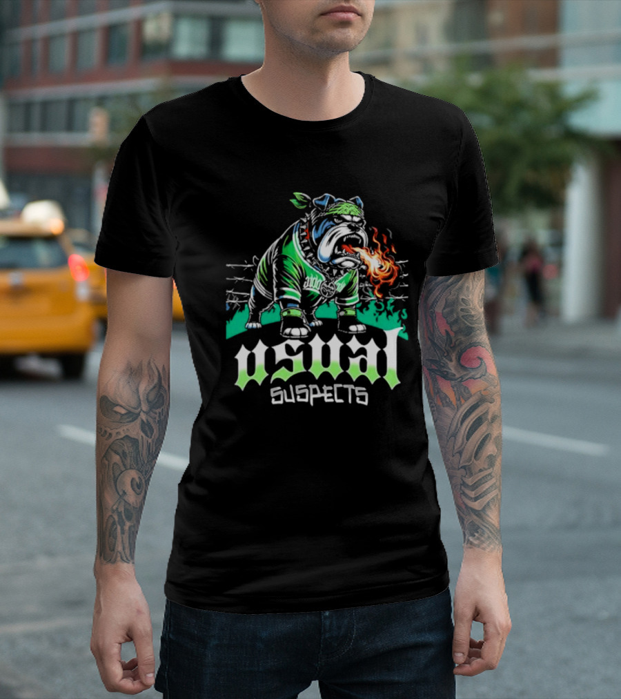 Usual Suspects Bulldog with Fiery Breath and Green Bandana T-Shirt