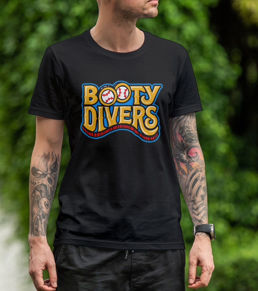 Booty Divers Baseball Theme Yellow Text With Baseballs T-Shirt