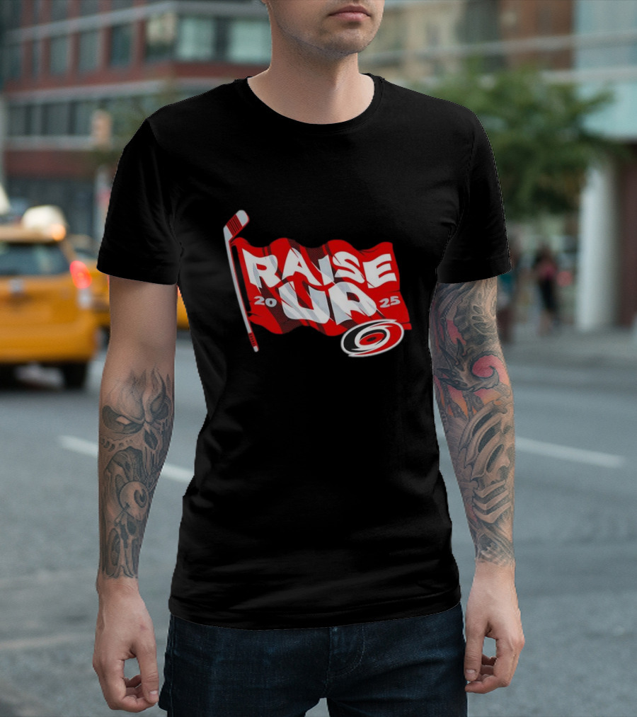 Carolina Hurricanes 2025 Raise Up Stanley Cup Playoffs Flag Hockey Stick Logo T-Shirt