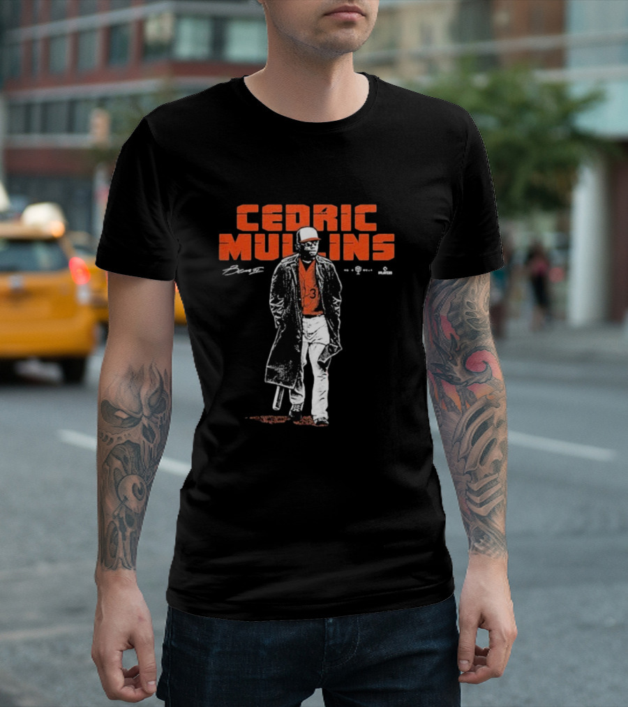Cedric Mullins Baseball Player Number 31 Walking in Coat with Bat T-Shirt