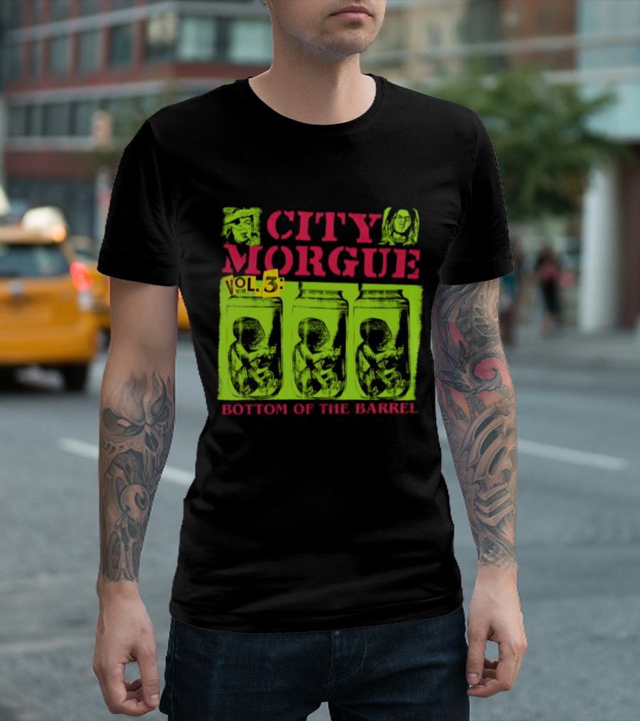 City Morgue Bottom Of The Barrel Green Neon Skeleton Illustrations T-Shirt
