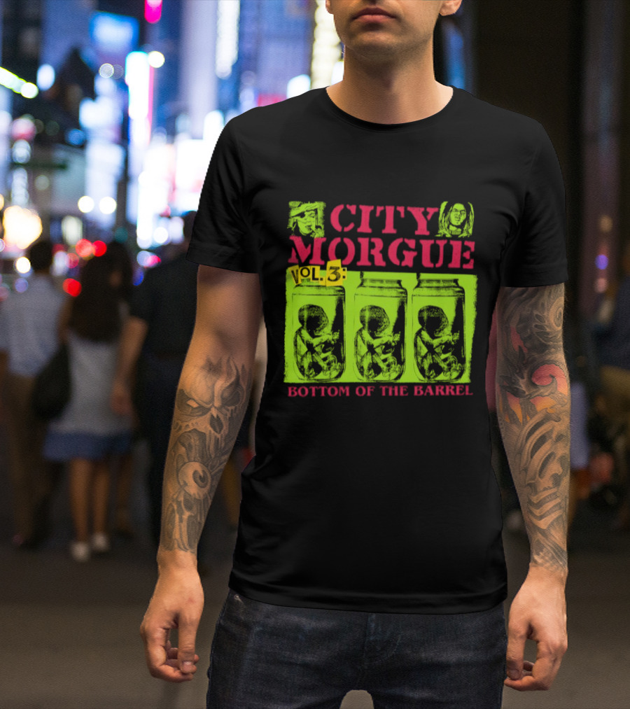 City Morgue Bottom Of The Barrel Green Neon Skeleton Illustrations T-Shirt