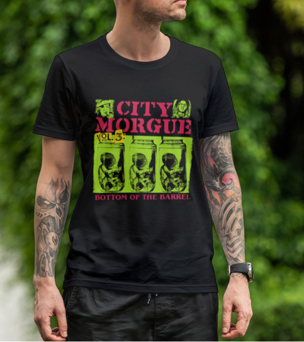 City Morgue Bottom Of The Barrel Green Neon Skeleton Illustrations T-Shirt