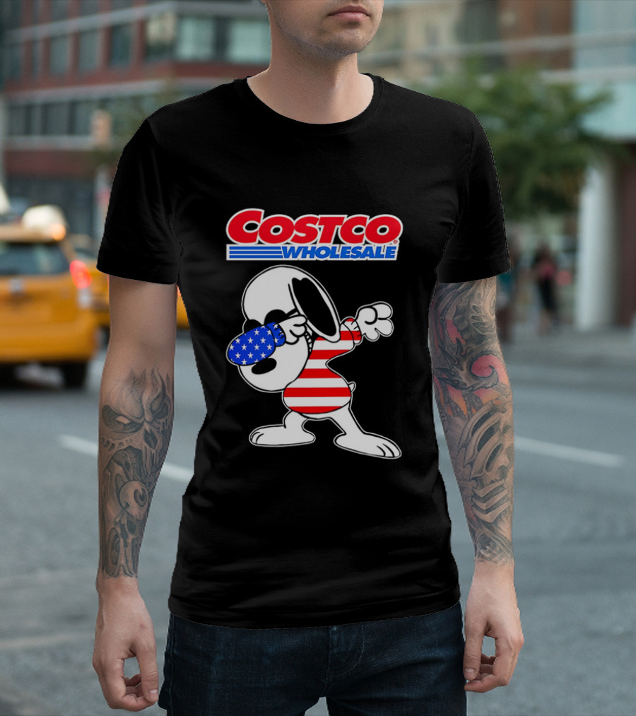 Costco Wholesale Snoopy Dabbing American Flag Stripes and Stars T-Shirt