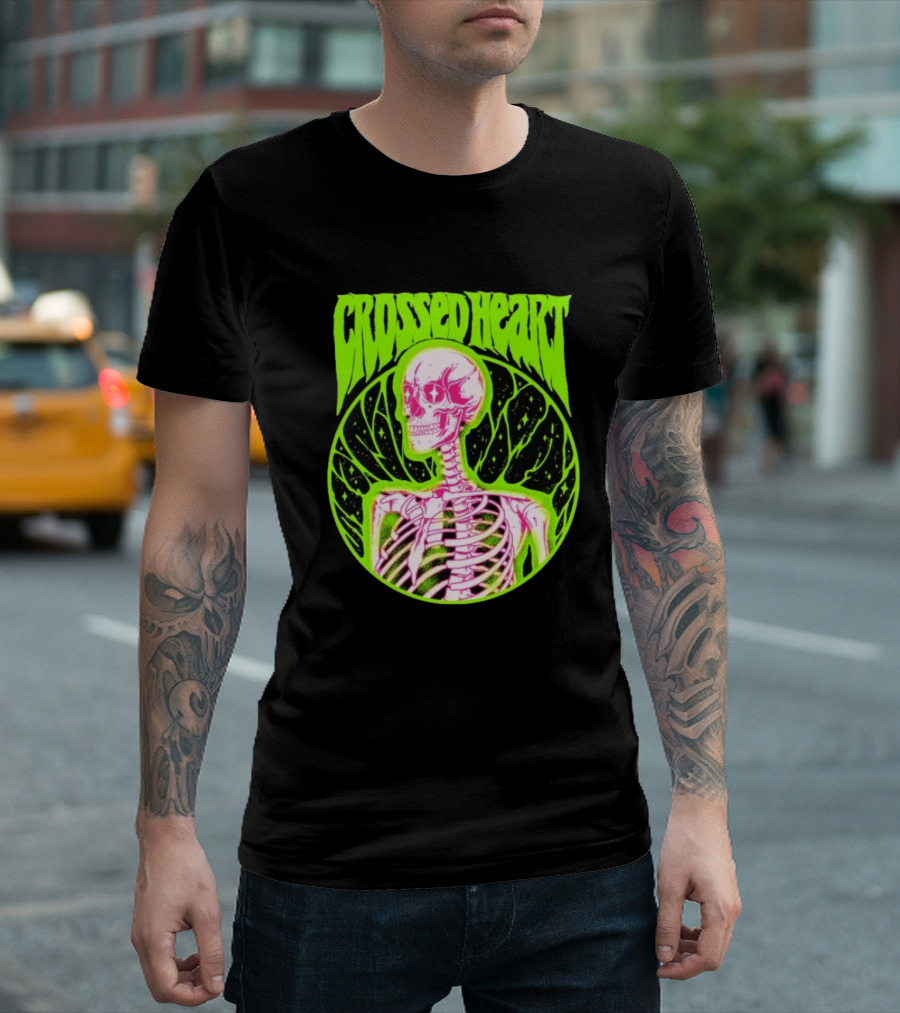 Crossed Heart Skeleton Neon Illustration T-Shirt