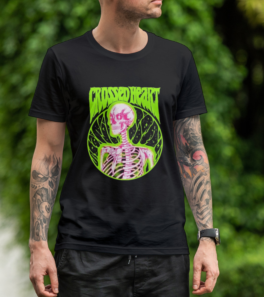 Crossed Heart Skeleton Neon Illustration T-Shirt
