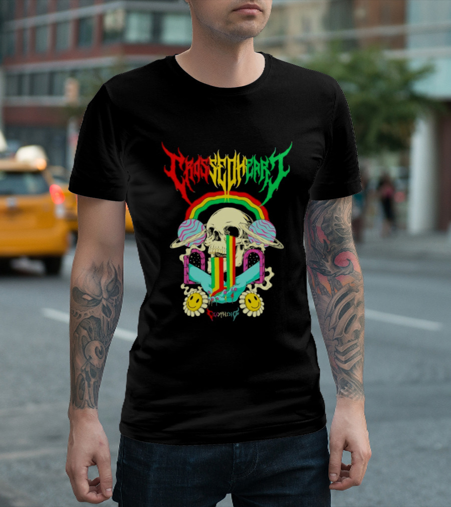 Crossed Heart Skull with Rainbow and Smiley Faces T-Shirt