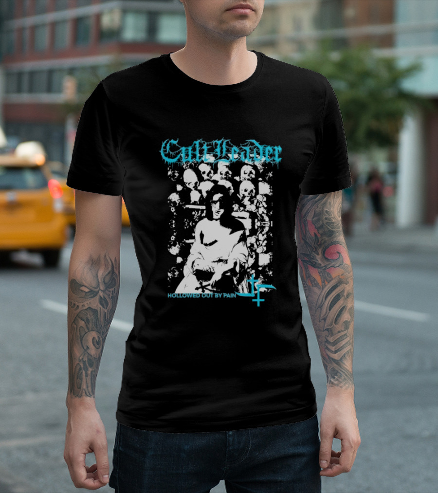 Cult Leader Hollowed Out By Pain Distorted Portrait with Inverted Cross Symbol T-Shirt
