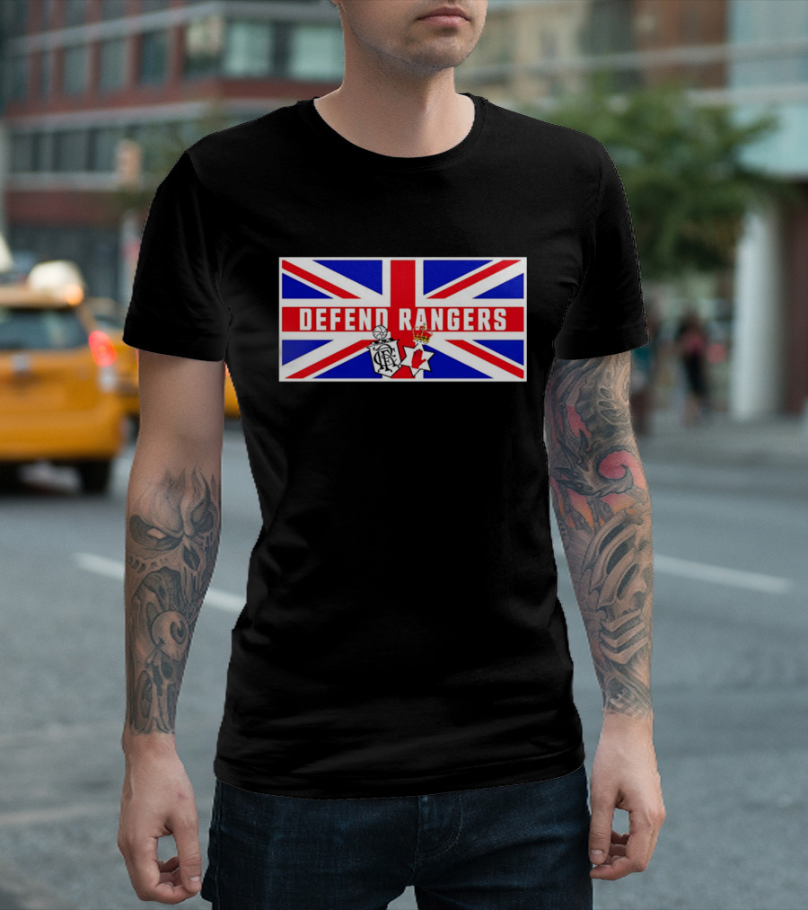 Defend Rangers Union Flag with FCRF Crest and Red Hand of Ulster T-Shirt
