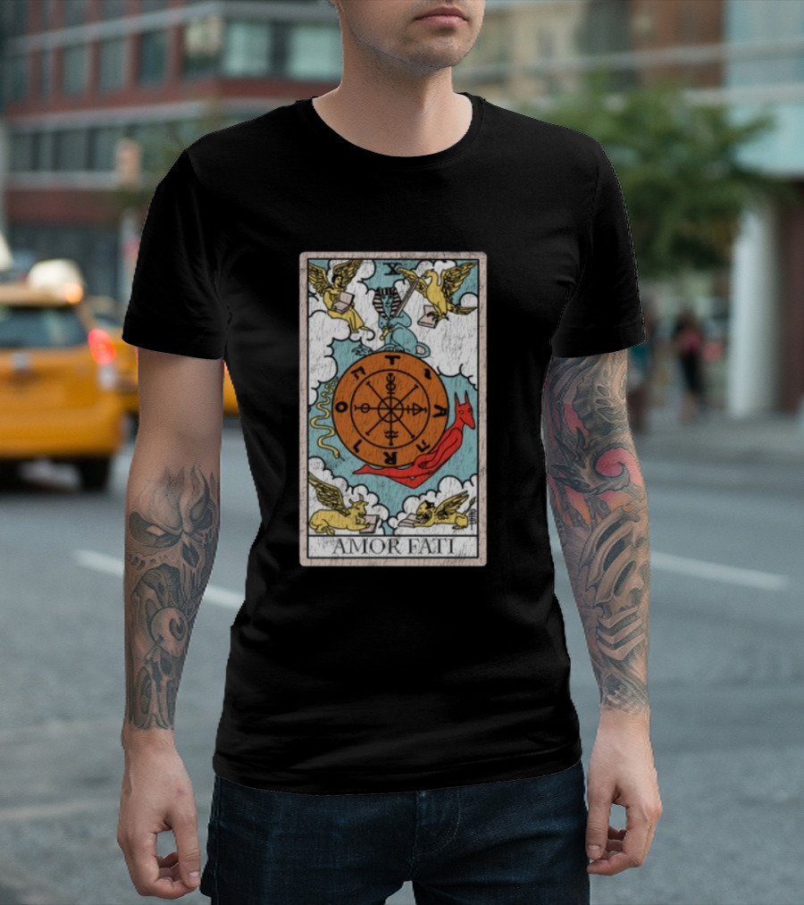 Destiny Unveiled Black Amor Fati Tarot Wheel of Fortune T-Shirt