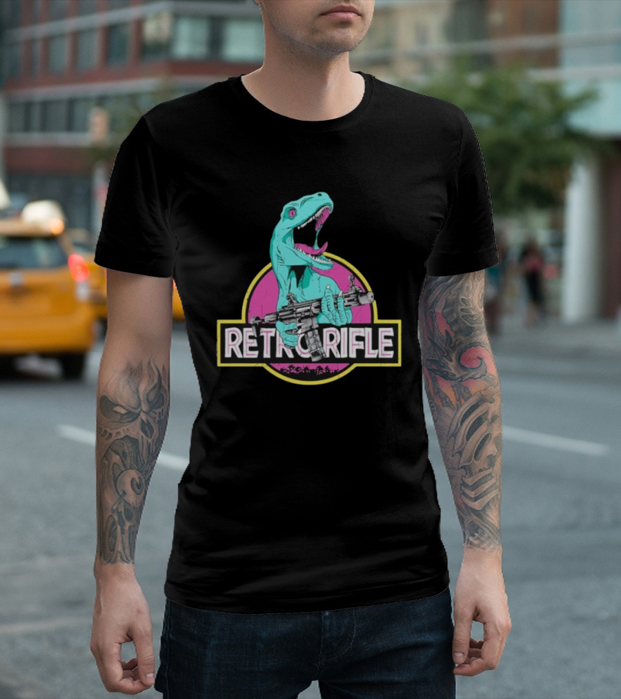 Retro Rifle Dinosaur Holding Gun Vintage Style T-Shirt