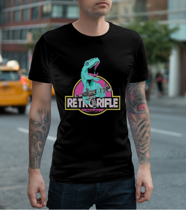 Retro Rifle Dinosaur Holding Gun Vintage Style T-Shirt