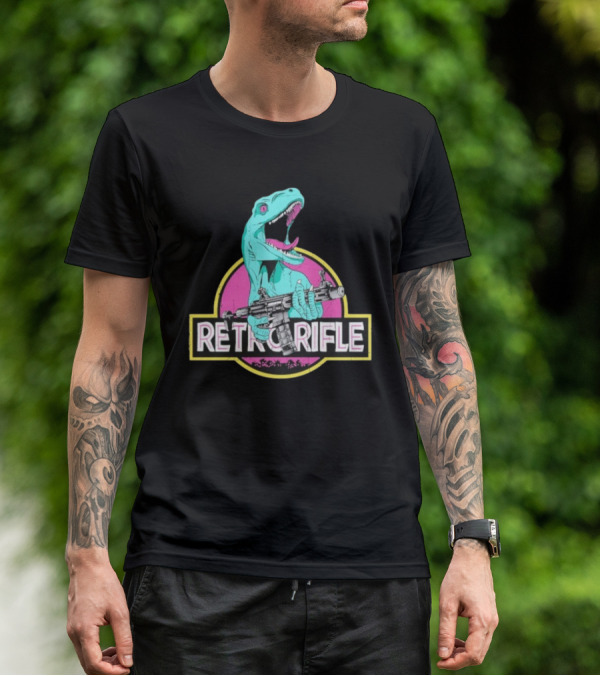Retro Rifle Dinosaur Holding Gun Vintage Style T-Shirt
