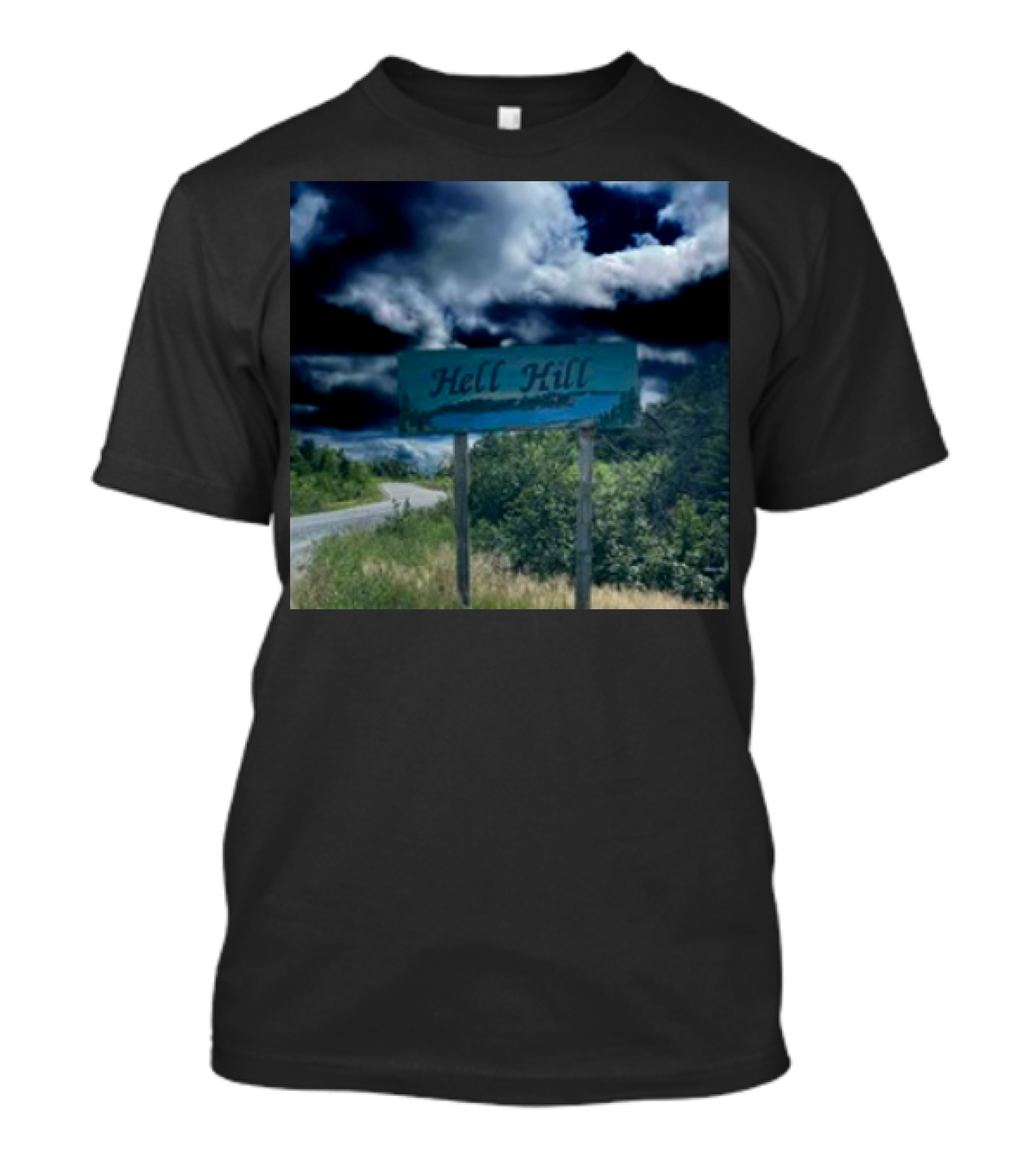 Hell Hill Scenic Roadside Sign Under Dramatic Sky T-Shirt