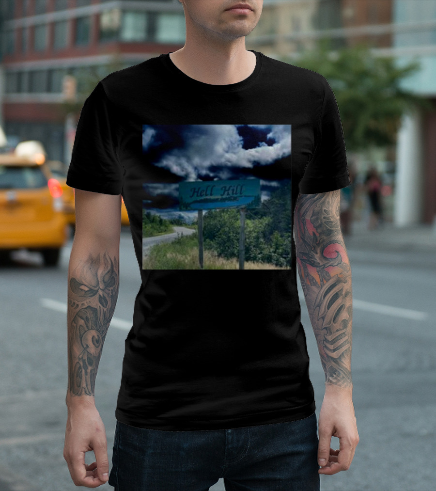 Hell Hill Scenic Roadside Sign Under Dramatic Sky T-Shirt