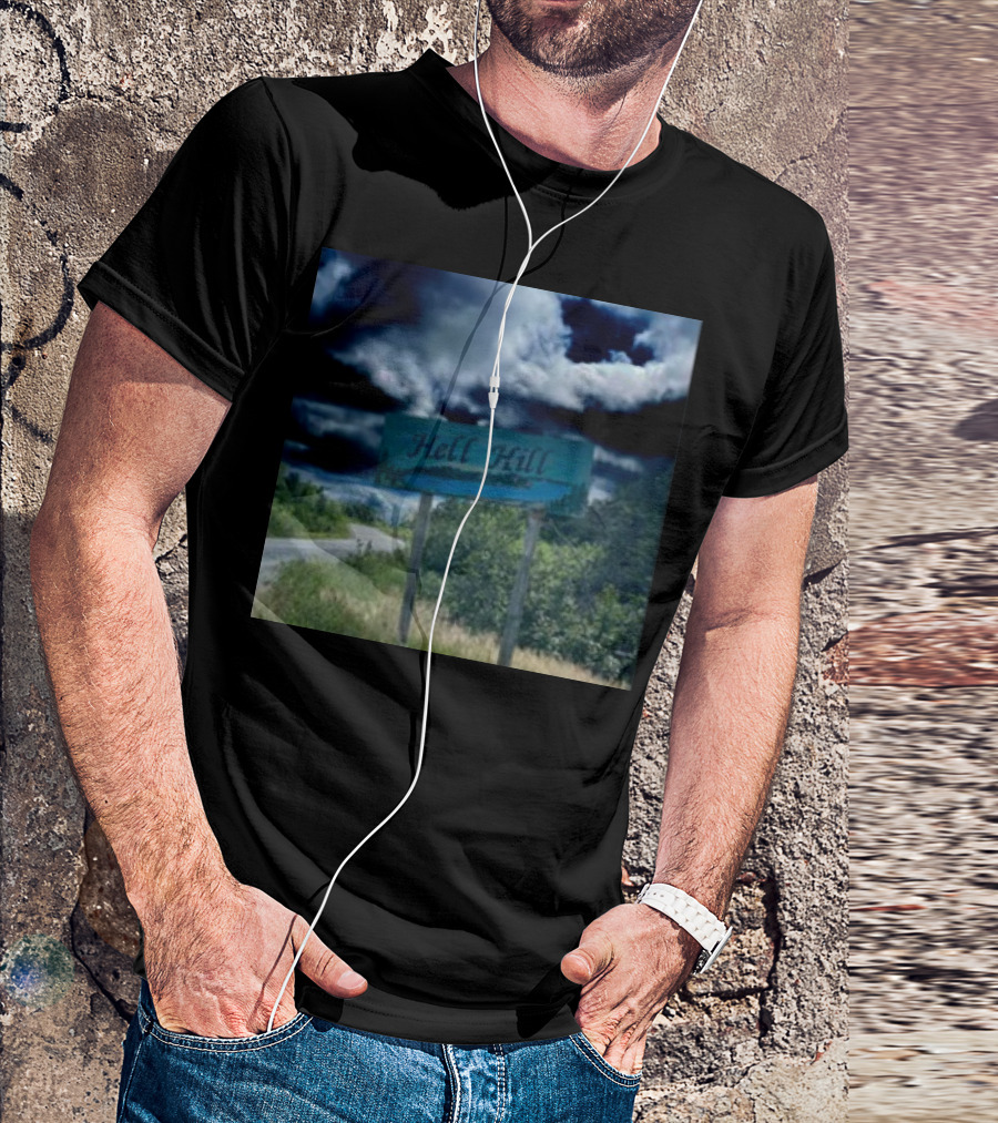 Hell Hill Scenic Roadside Sign Under Dramatic Sky T-Shirt