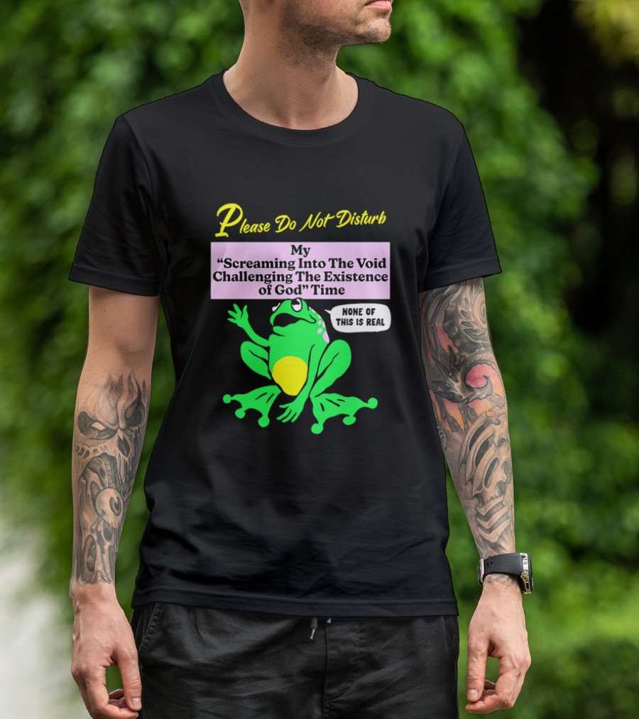 Please Do Not Disturb My Screaming Into The Void Challenging The Existence Of God Time None Of This Is Real Frog T-Shirt