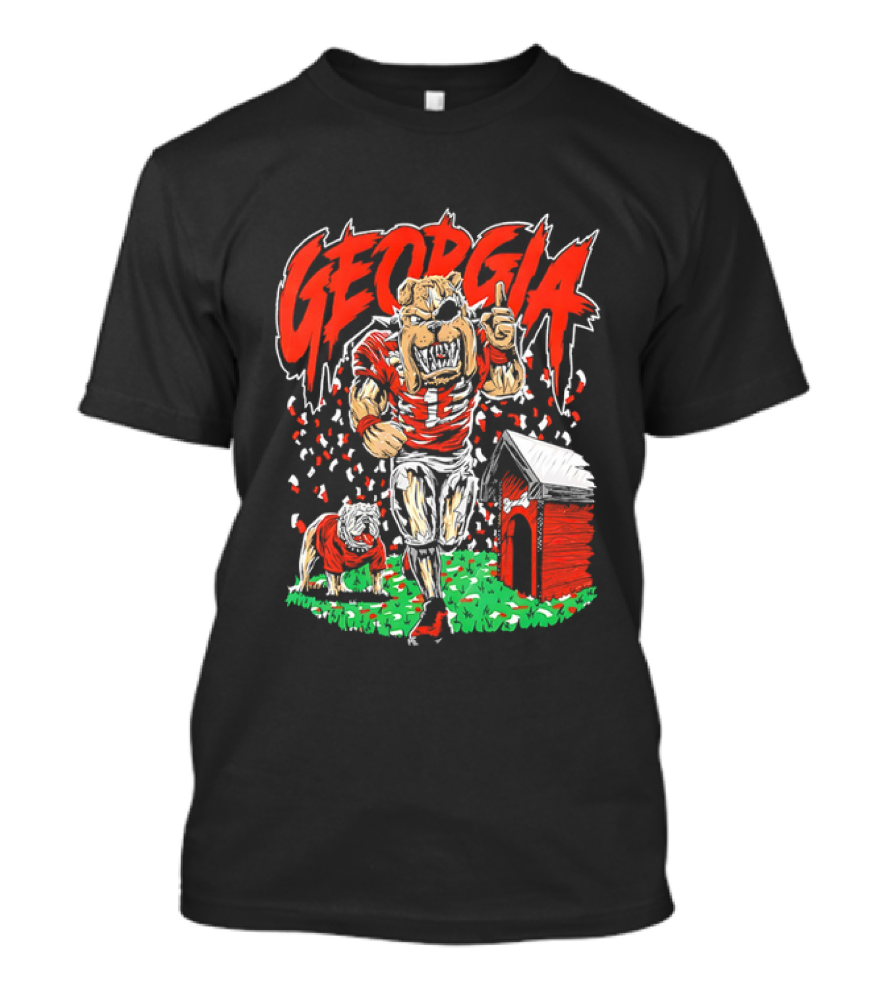 Georgia Bulldogs Mascot Cartoon Vibrant Design With Doghouse T-Shirt