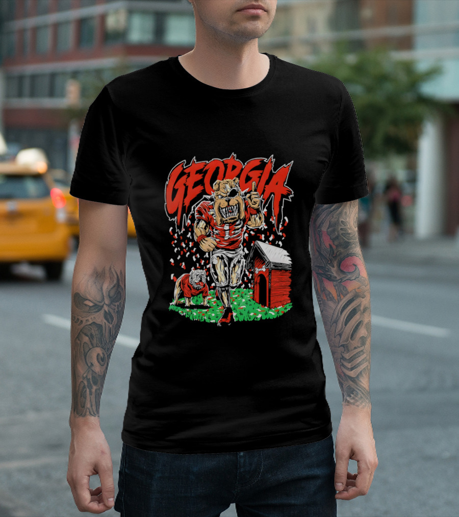 Georgia Bulldogs Mascot Cartoon Vibrant Design With Doghouse T-Shirt