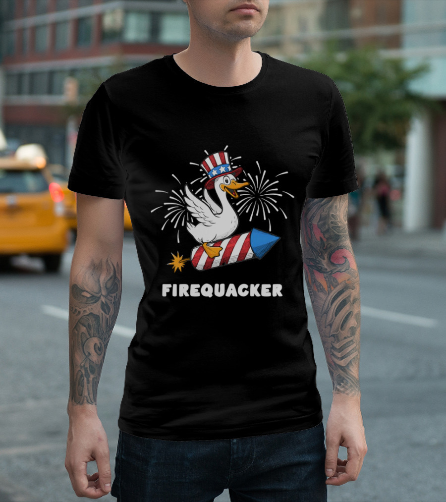 Firequacker Patriotic Duck with Rocket and Fireworks T-Shirt