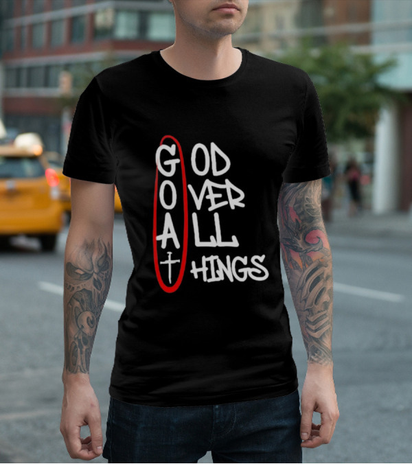 GOAT God Over All Things Sword Cross Graphic Red Oval T-Shirt