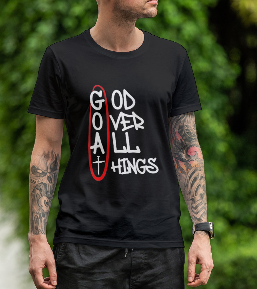 GOAT God Over All Things Sword Cross Graphic Red Oval T-Shirt