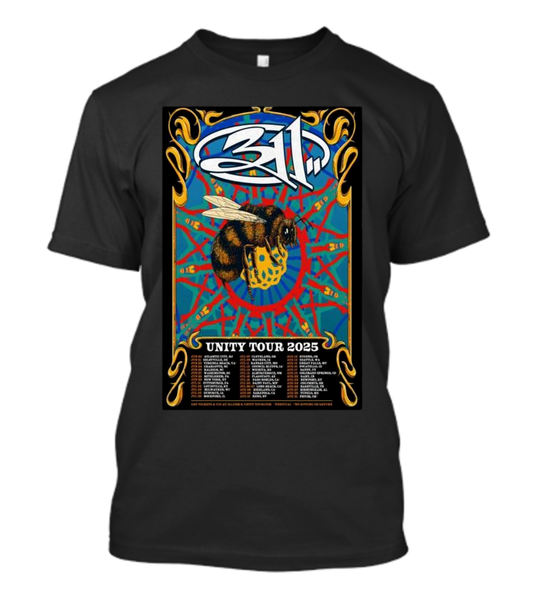 311 Unity Tour 2025 Bee Mandala Psychedelic Concert Locations T-Shirt