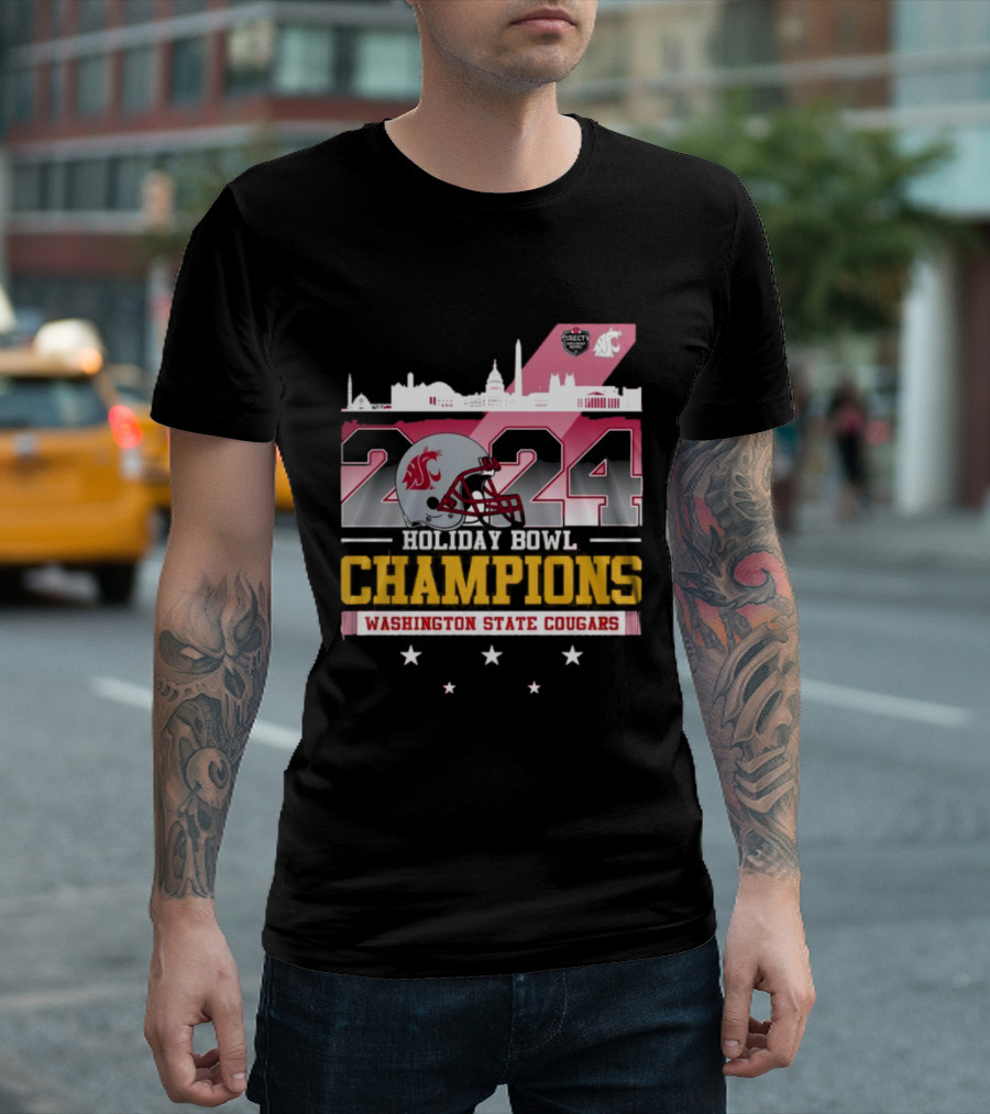 2024 Holiday Bowl Champions Washington State Cougars Skyline Football Helmet Stars T-Shirt
