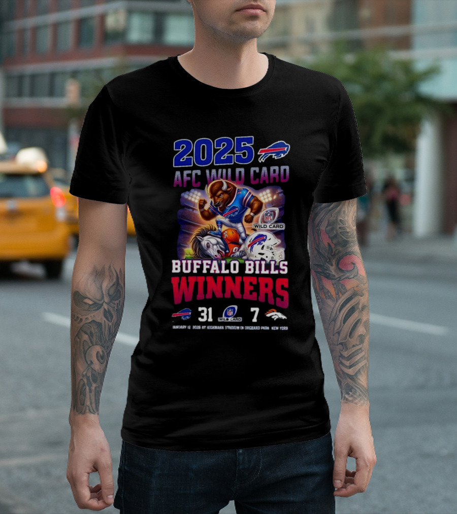 2025 Buffalo Bills AFC Wild Card Winners 31-7 Over Broncos Featuring Mascot Art T-Shirt