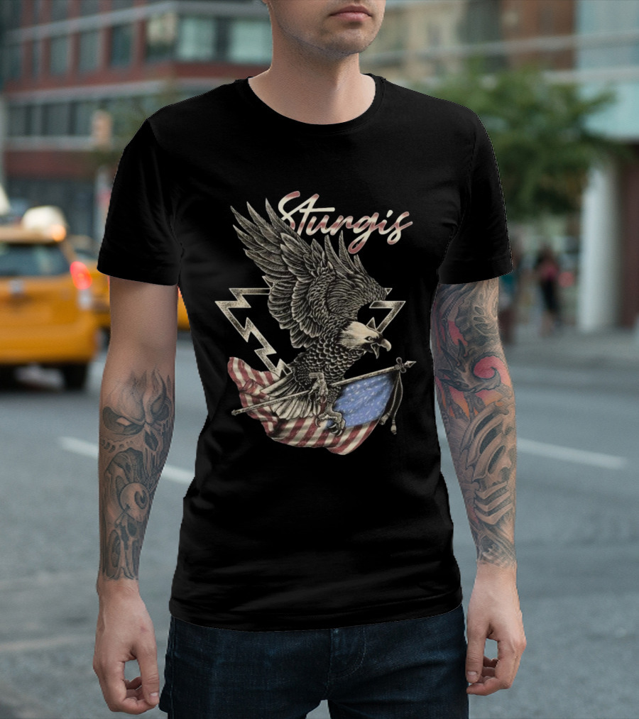Sturgis 2025 Faded Glory 85th American Eagle Flag Lightning T-Shirt