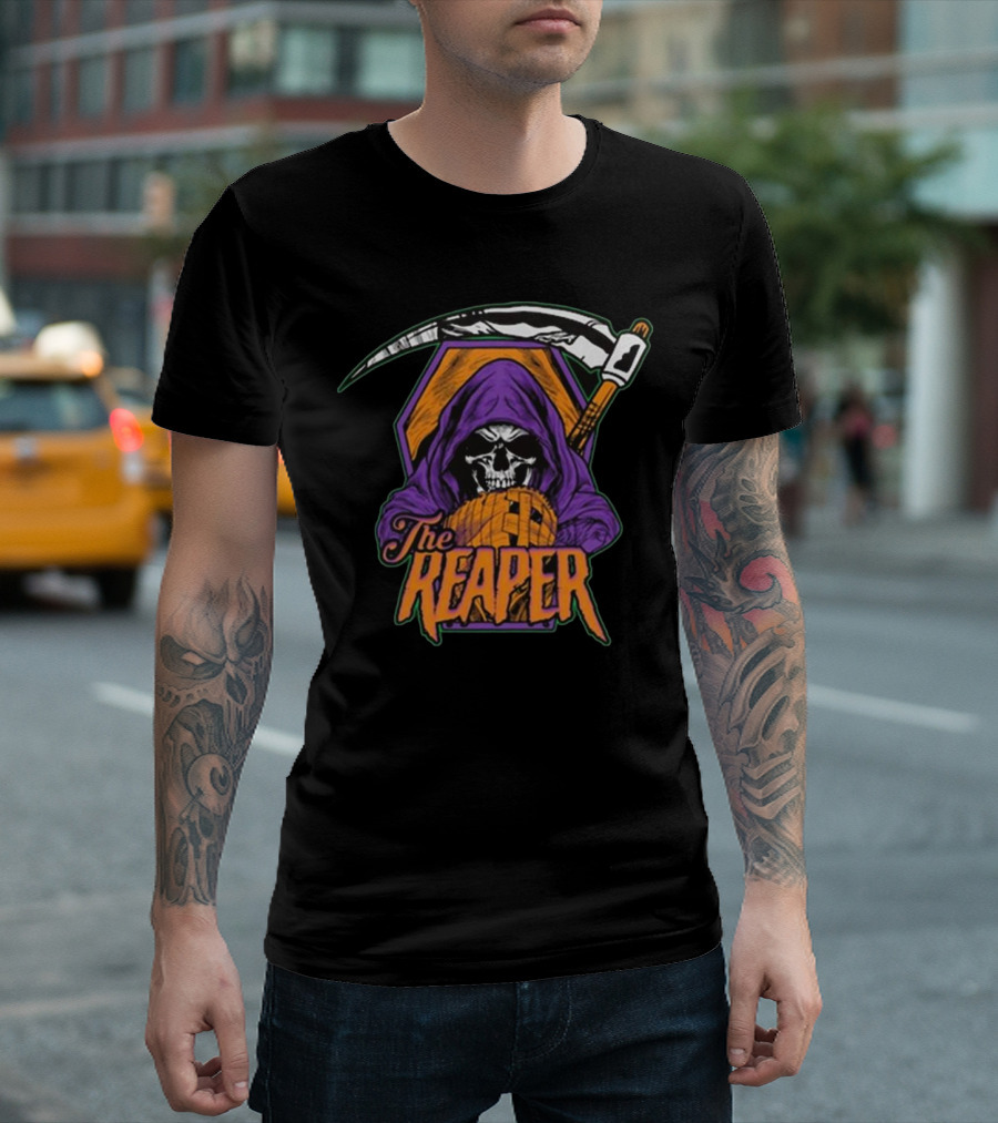 American Gothic Style Skull With Scythe Reaper Hooded Figure T-Shirt