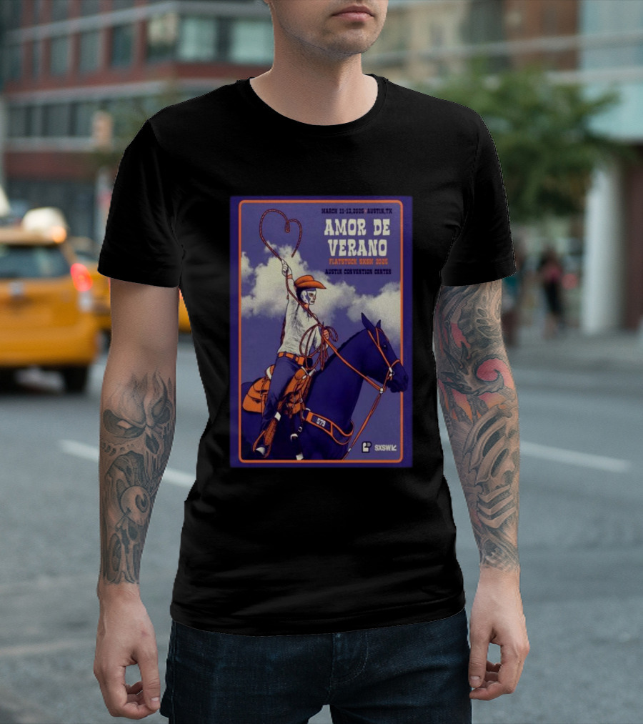 Amor De Verano Flatstock SXSW 2025 March 11-13 Austin Convention Center TX Cowboy Rider and Horse T-Shirt