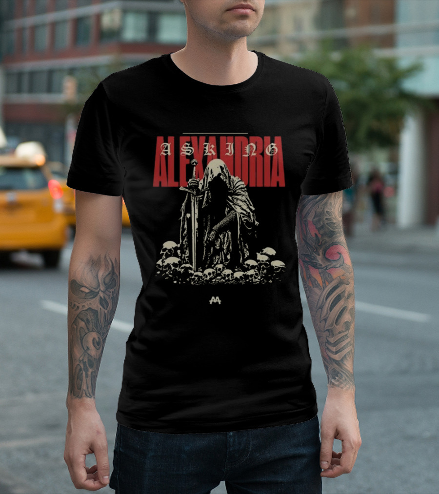 Asking Alexandria Skeleton Cloaked Figure With Sword Among Skulls T-Shirt