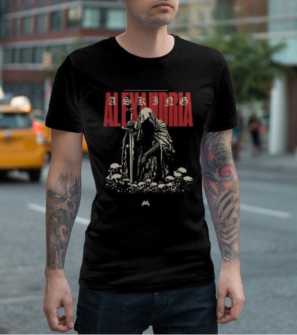 Asking Alexandria Skeleton Cloaked Figure With Sword Among Skulls T-Shirt