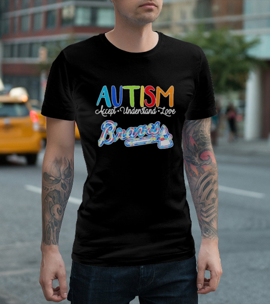 Autism Accept Understand Love Braves Multicolor Text and Baseball Bat Icon T-Shirt