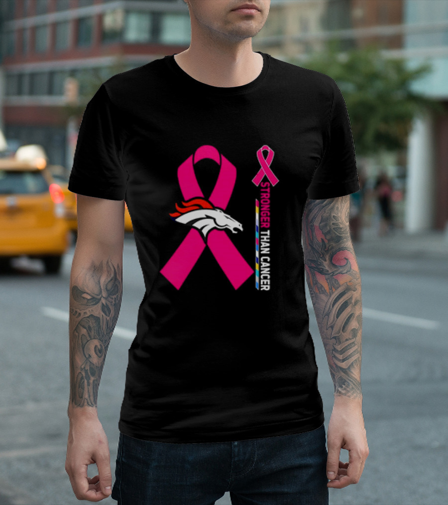 Denver Broncos Pink Ribbon Stronger Than Cancer Awareness T-Shirt