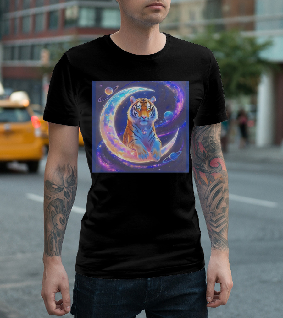 Cosmic Tiger Resting On A Crescent Moon Surrounded By Planets And Stars T-Shirt