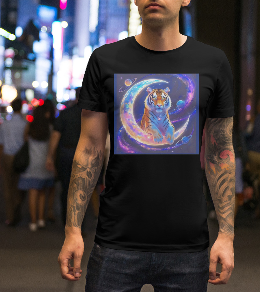 Cosmic Tiger Resting On A Crescent Moon Surrounded By Planets And Stars T-Shirt