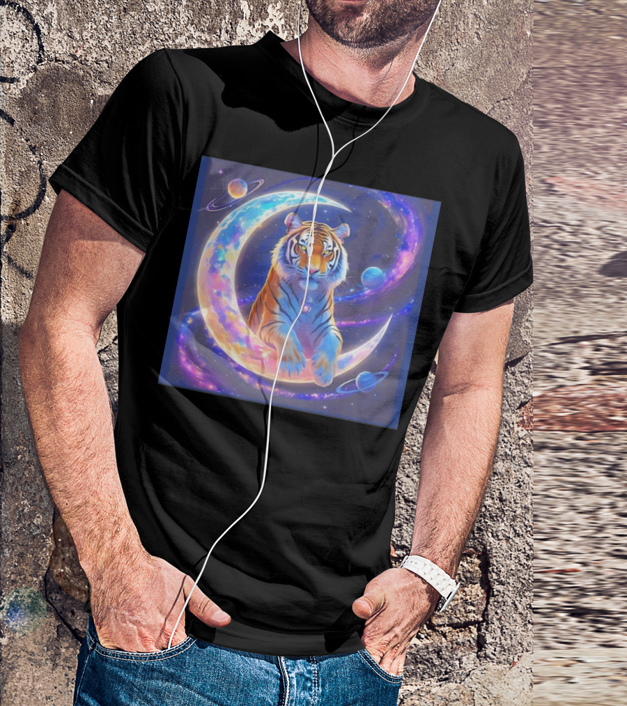 Cosmic Tiger Resting On A Crescent Moon Surrounded By Planets And Stars T-Shirt