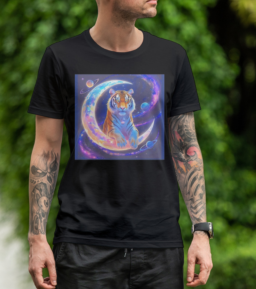 Cosmic Tiger Resting On A Crescent Moon Surrounded By Planets And Stars T-Shirt