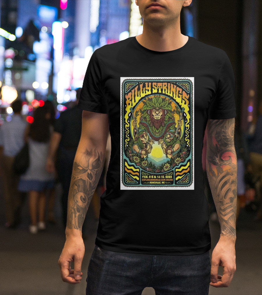 Billy Strings February 2025 Event ExploreAsheville.com Arena Asheville NC Vibrant Nature-Inspired Art T-Shirt