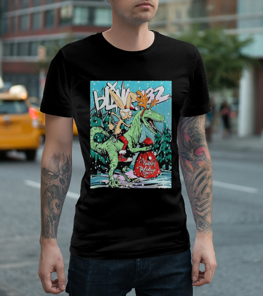 Blink-182 Happy Holidays Dinosaur Christmas Rabbit Reindeer Santa Sack T-Shirt