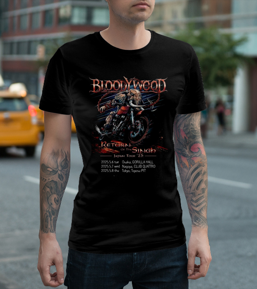 Bloodywood Return Of The Singh Japan Tour '25 Osaka Nagoya Tokyo May 6-8 Elephant Motorcycle Art T-Shirt
