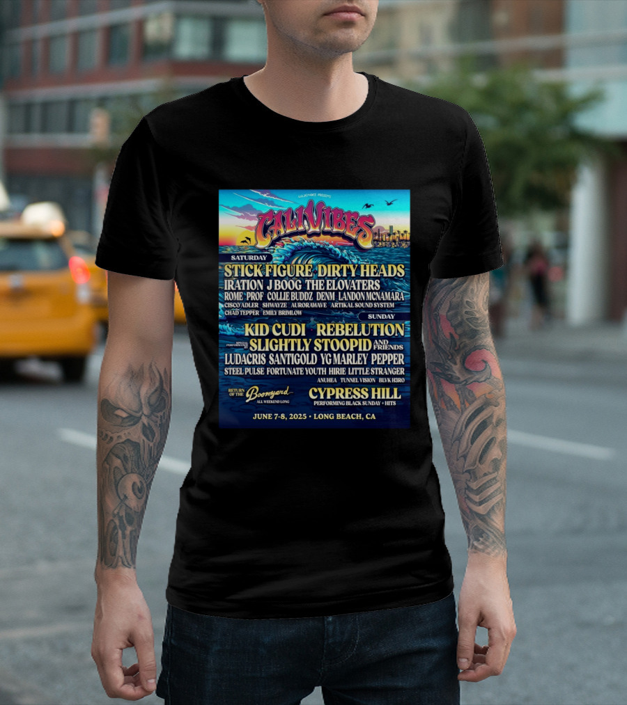 Cali Vibes June 7 8 2025 Long Beach CA Saturday Stick Figure Dirty Heads Sunday Kid Cudi Rebelution Slightly Stoopid T-Shirt