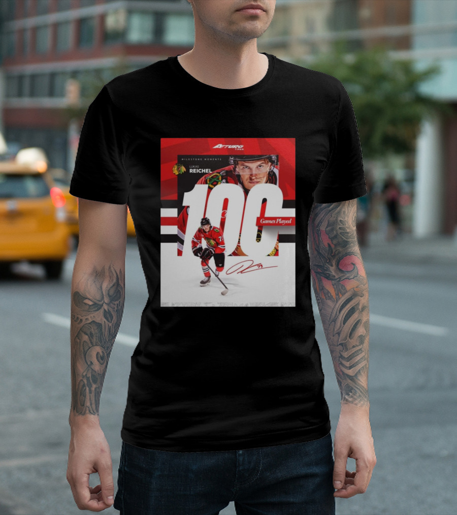 Chicago Blackhawks Milestone Moments Lukas Reichel 100 Games Played Signature T-Shirt